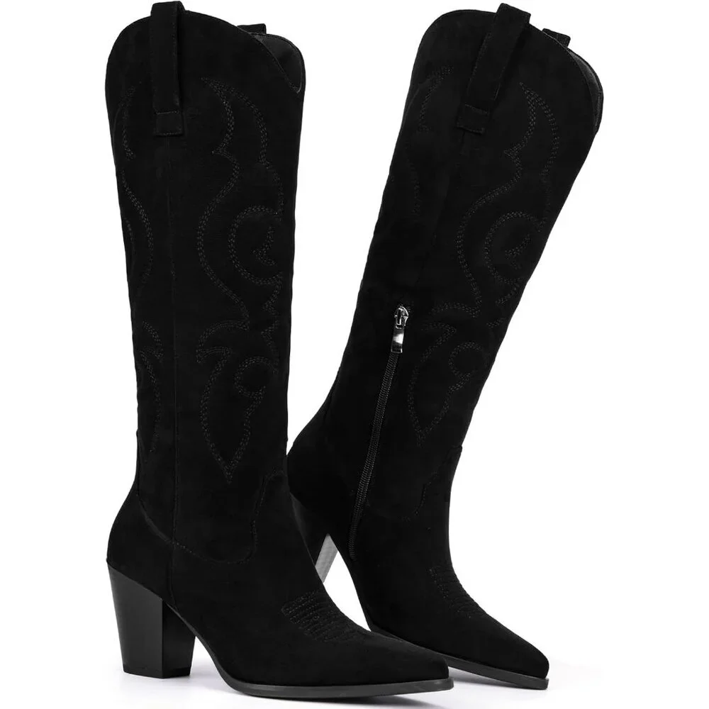 Women Black Suede Western Knee High Cowgirl Boots with Side Zipper Retro Pointed